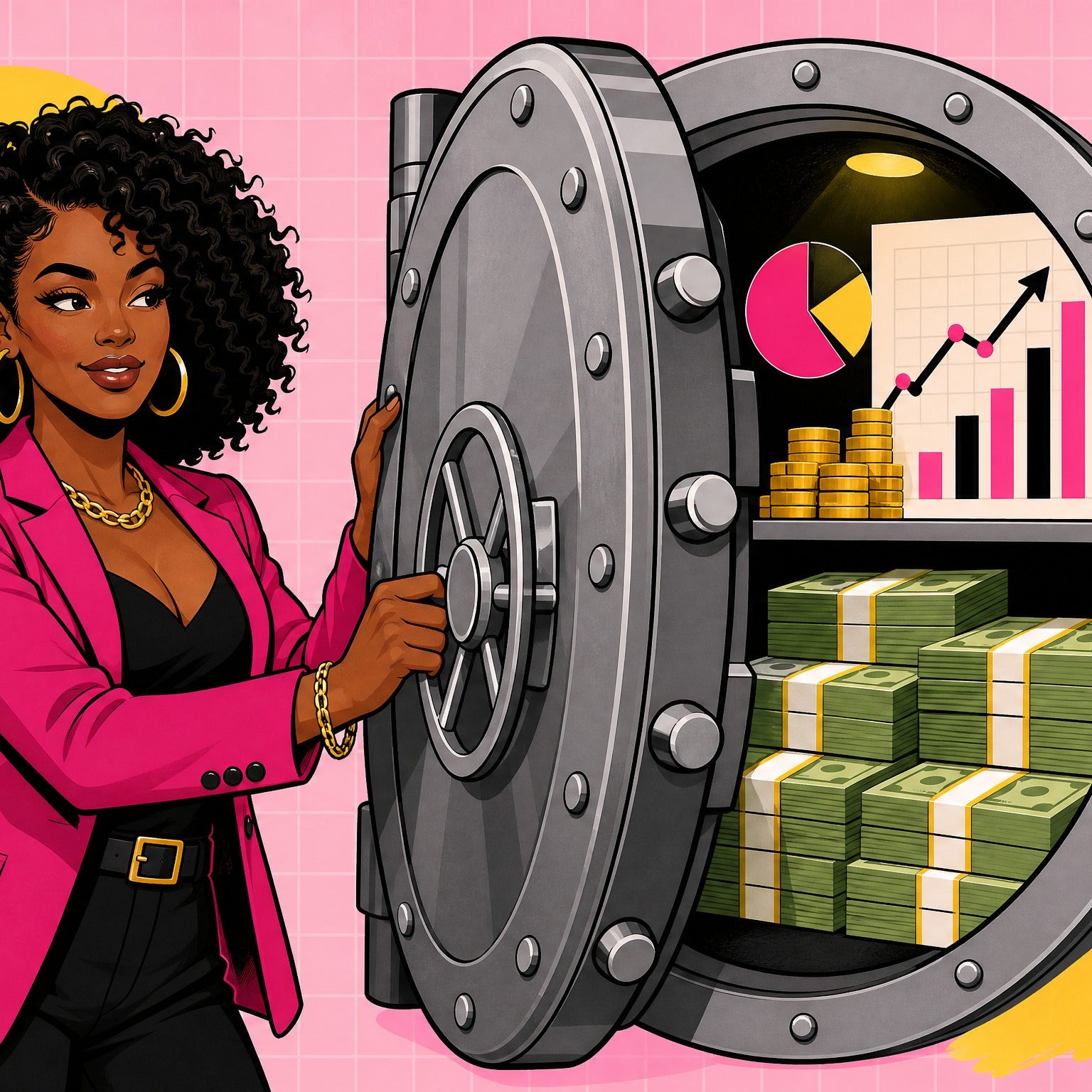 Stylish Black woman opening a large vault door revealing investment charts and money