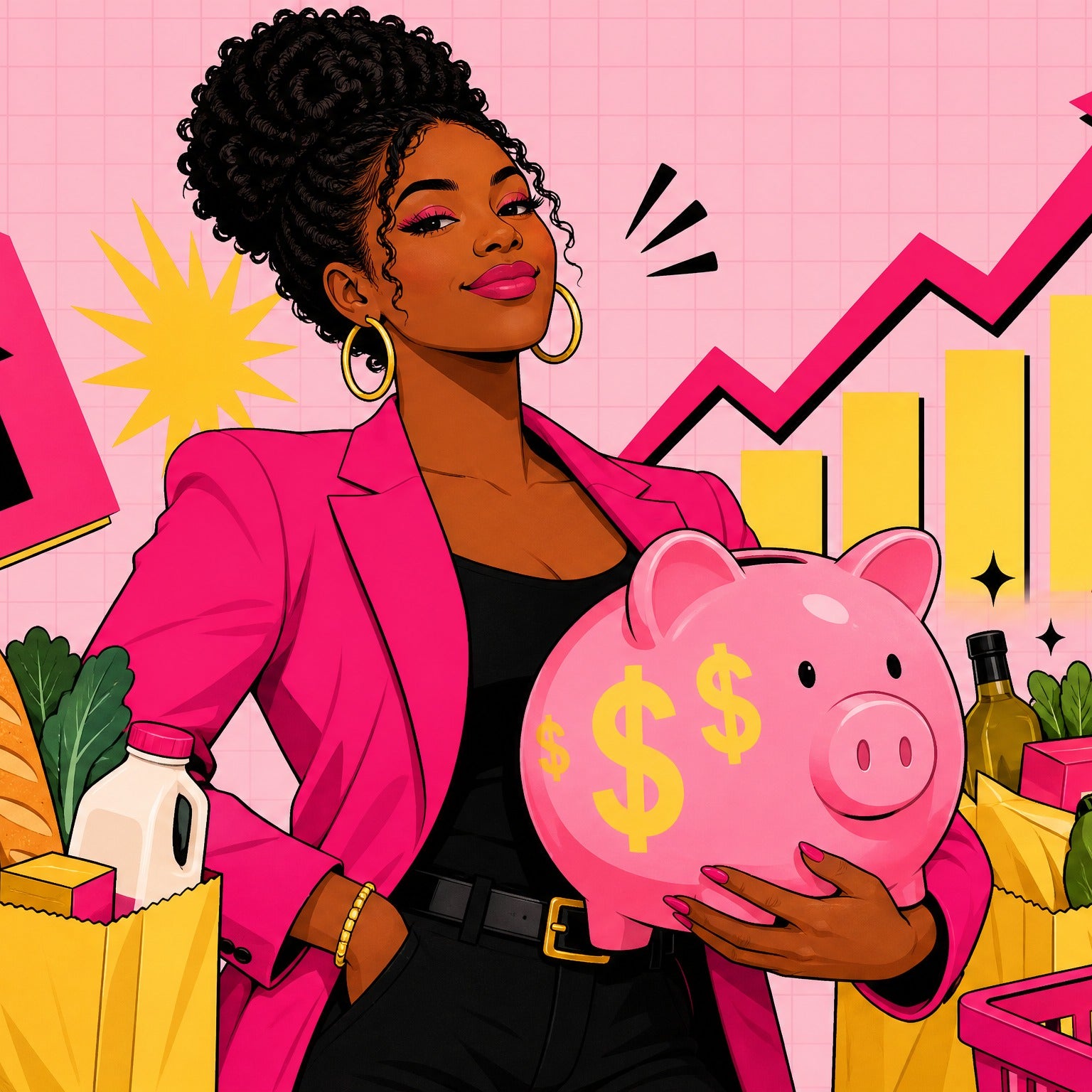Stylish Black woman confidently holding a piggy bank surrounded by rising price tags