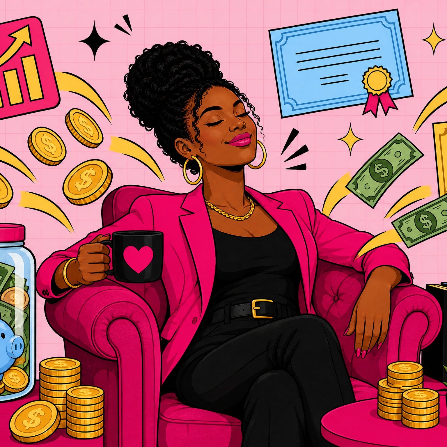 Stylish Black woman relaxing while money and investment icons flow toward her
