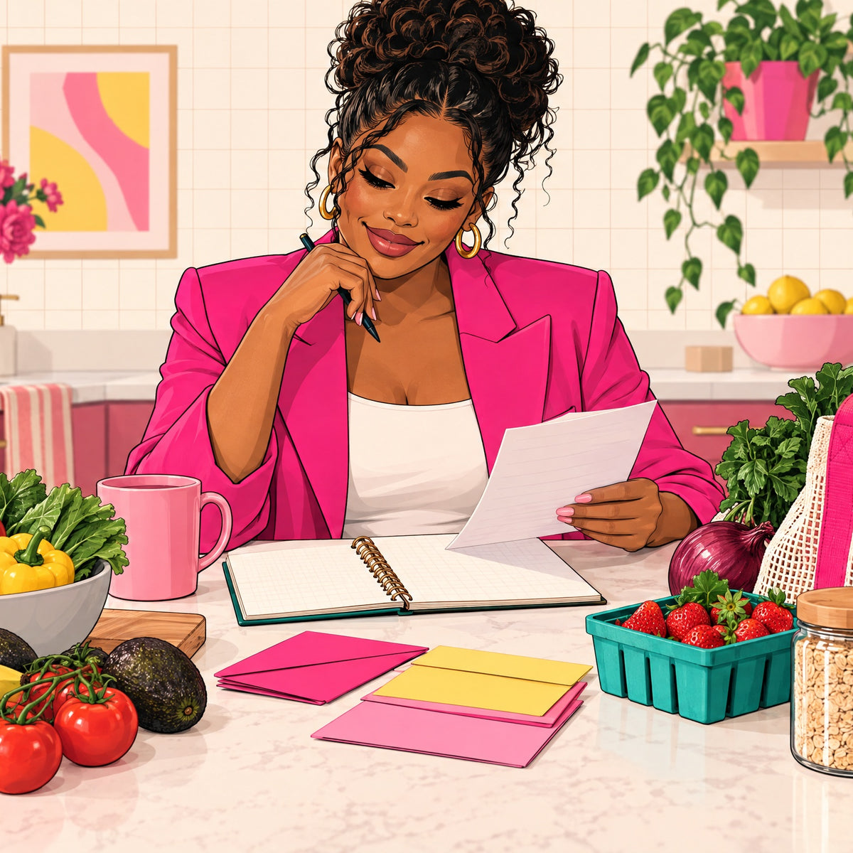 Woman in a pink blazer planning a grocery budget with fresh food