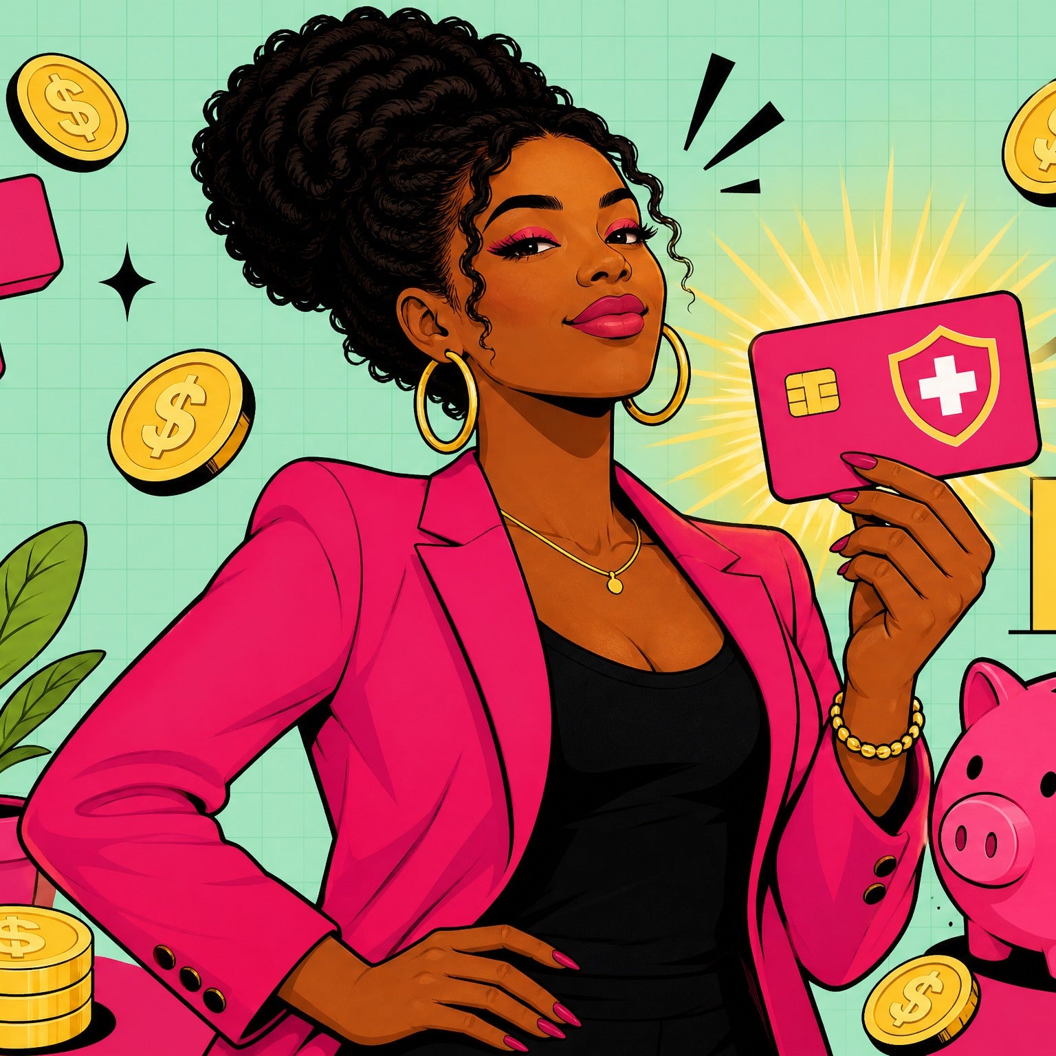 Stylish Black woman holding a glowing HSA card with medical cross symbols
