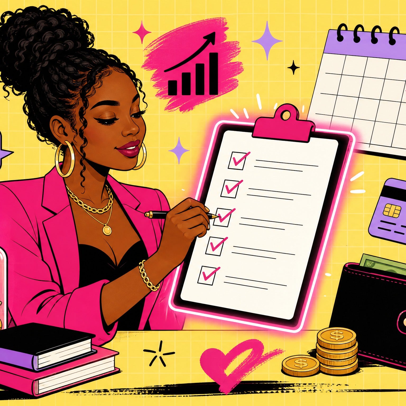 Stylish Black woman checking off a financial checklist with a calendar and savings jar