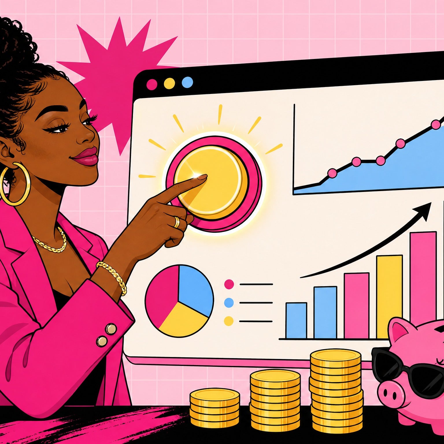 Stylish Black woman pressing an auto button on a retirement savings dashboard