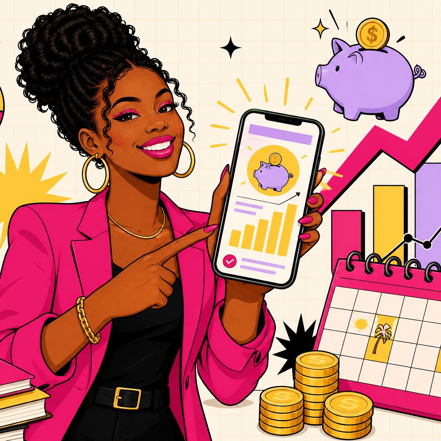 Stylish Black woman pointing at an IRA account on her phone with growing charts