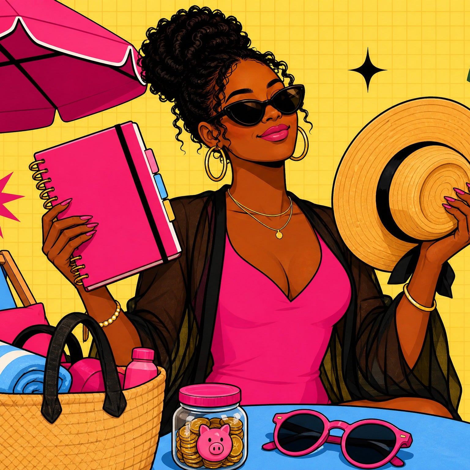 Stylish Black woman at a summer scene holding a budget planner and sun hat
