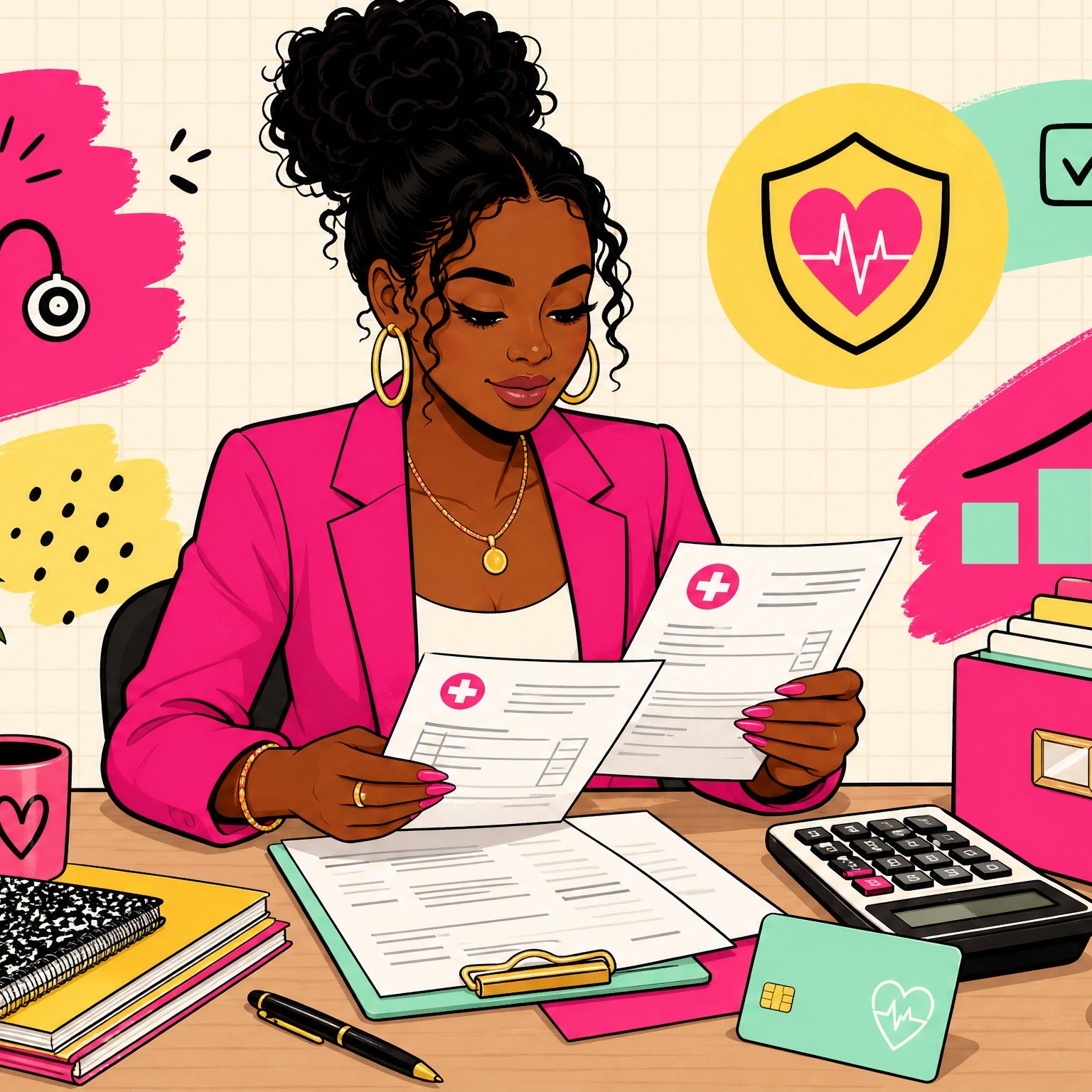 Stylish Black woman reviewing medical bills calmly at a desk with an HSA card