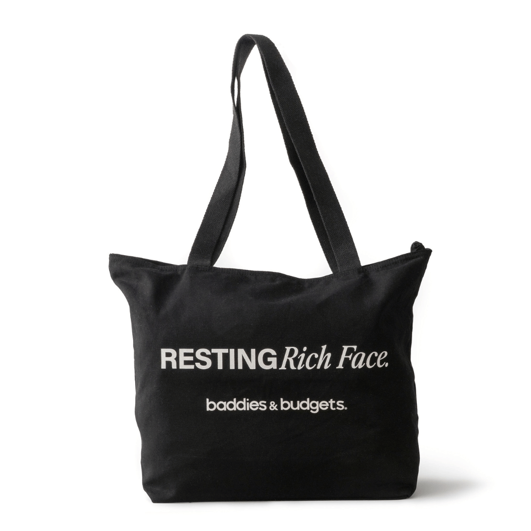 black canvas tote that reads “RESTING Rich Face.” from Baddies & Budgets