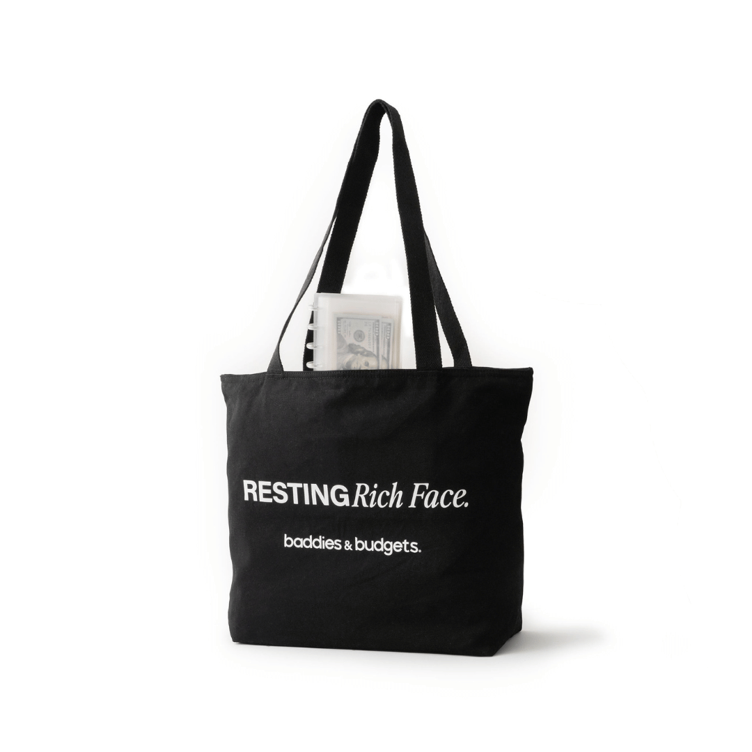 black canvas tote that reads “RESTING Rich Face.” from Baddies & Budgets