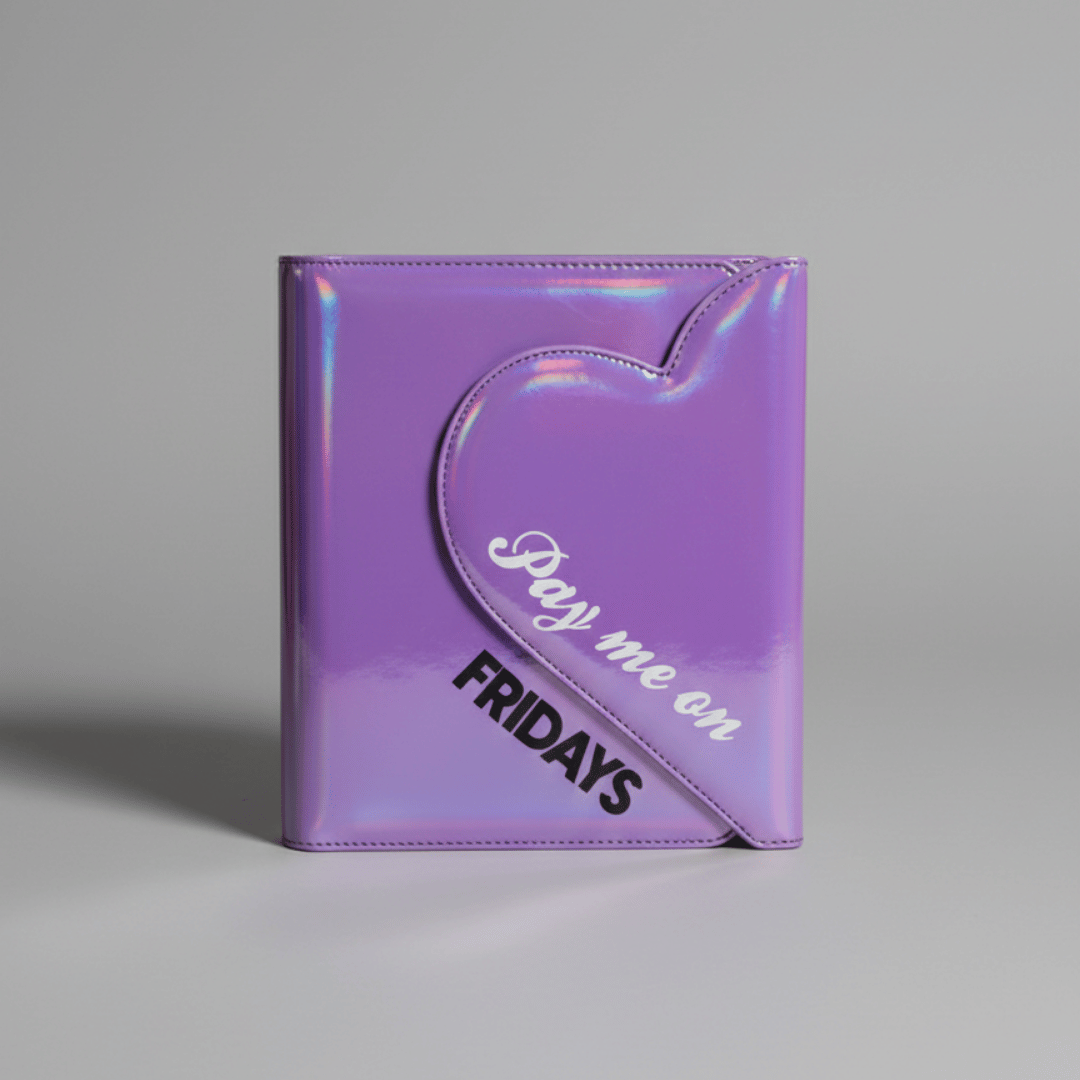 Pay Me On Friday savings binder in holographic purple from Baddies and Budgets