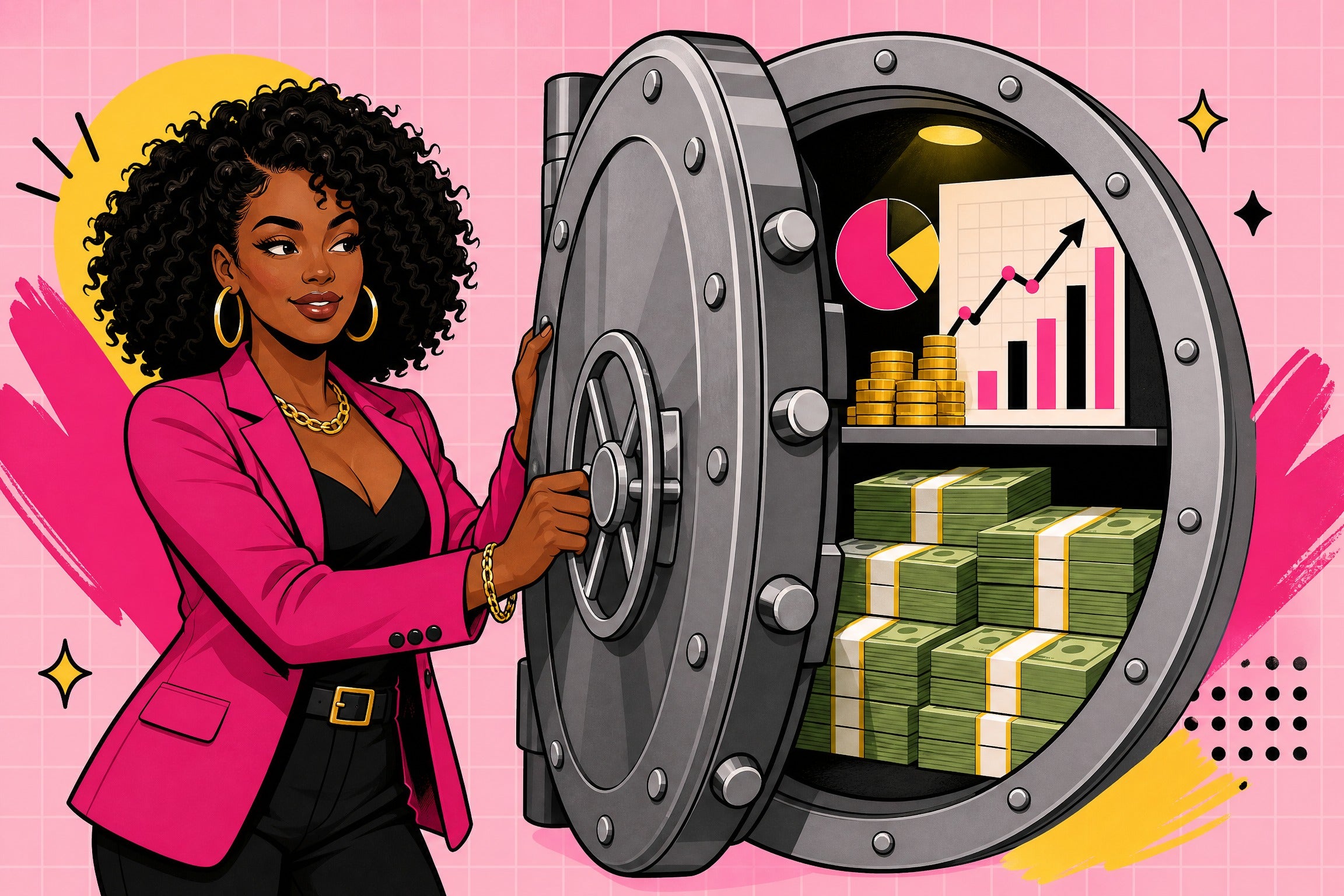 Stylish Black woman opening a large vault door revealing investment charts and money