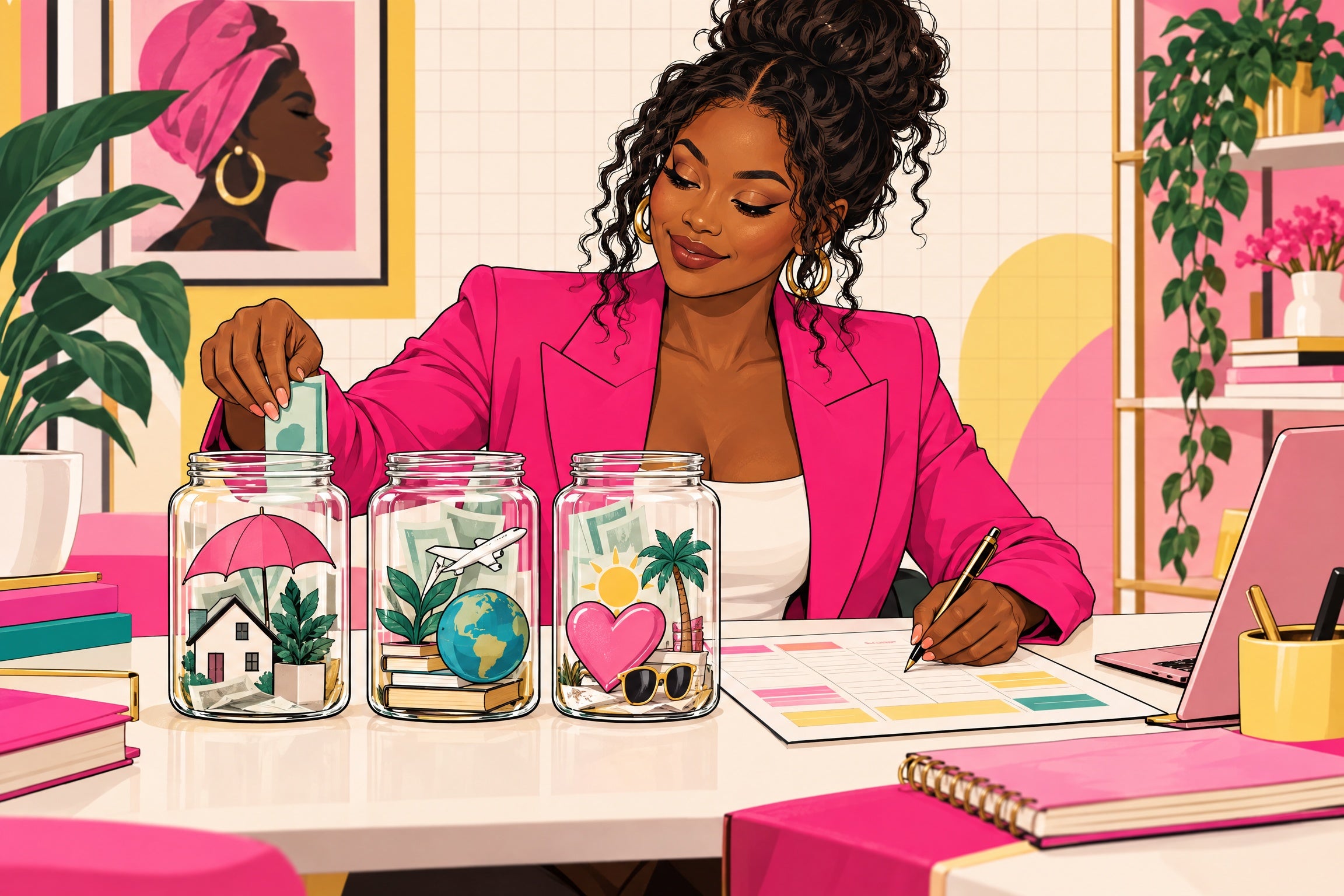 Woman in a pink blazer organizing her raise budget plan