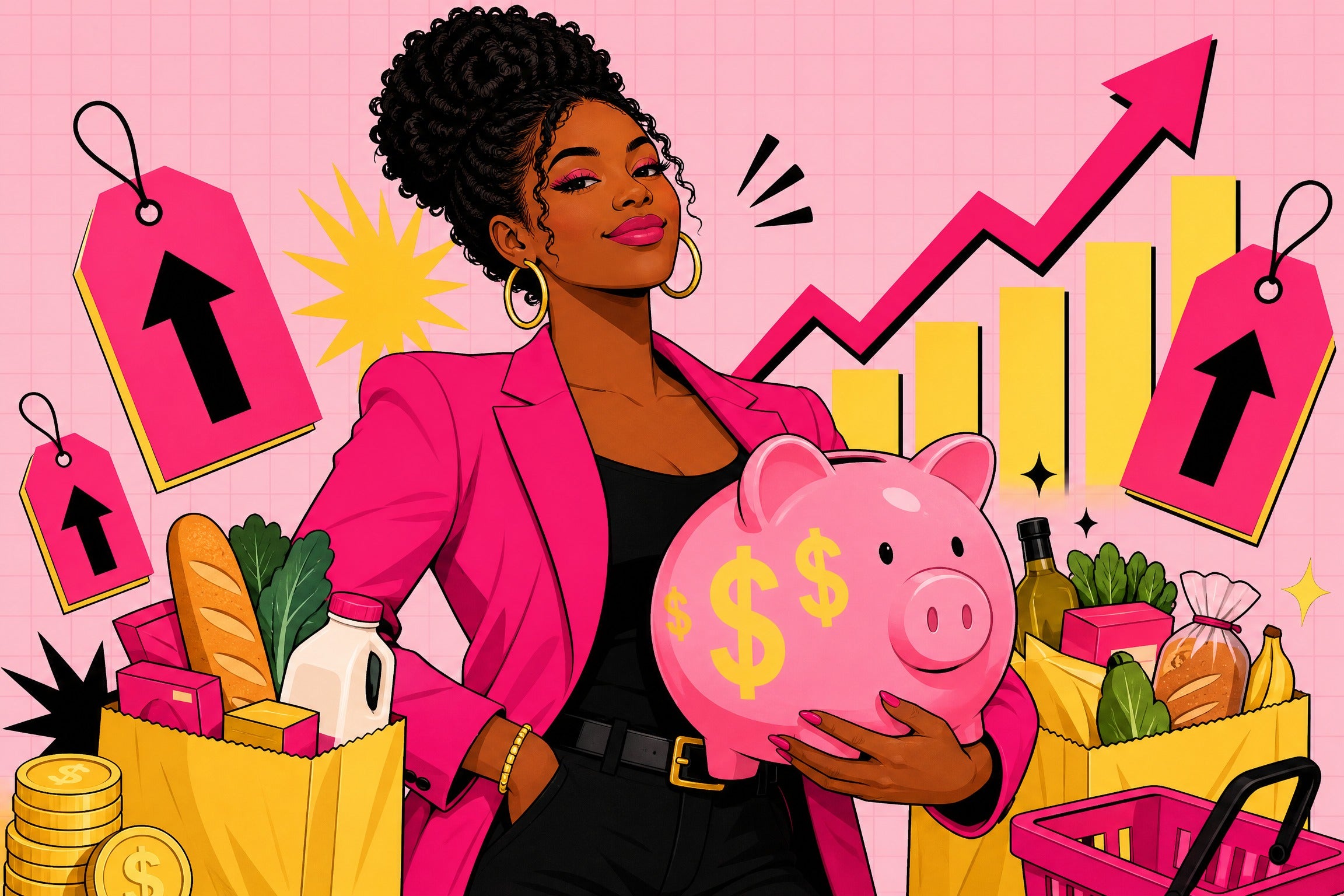 Stylish Black woman confidently holding a piggy bank surrounded by rising price tags
