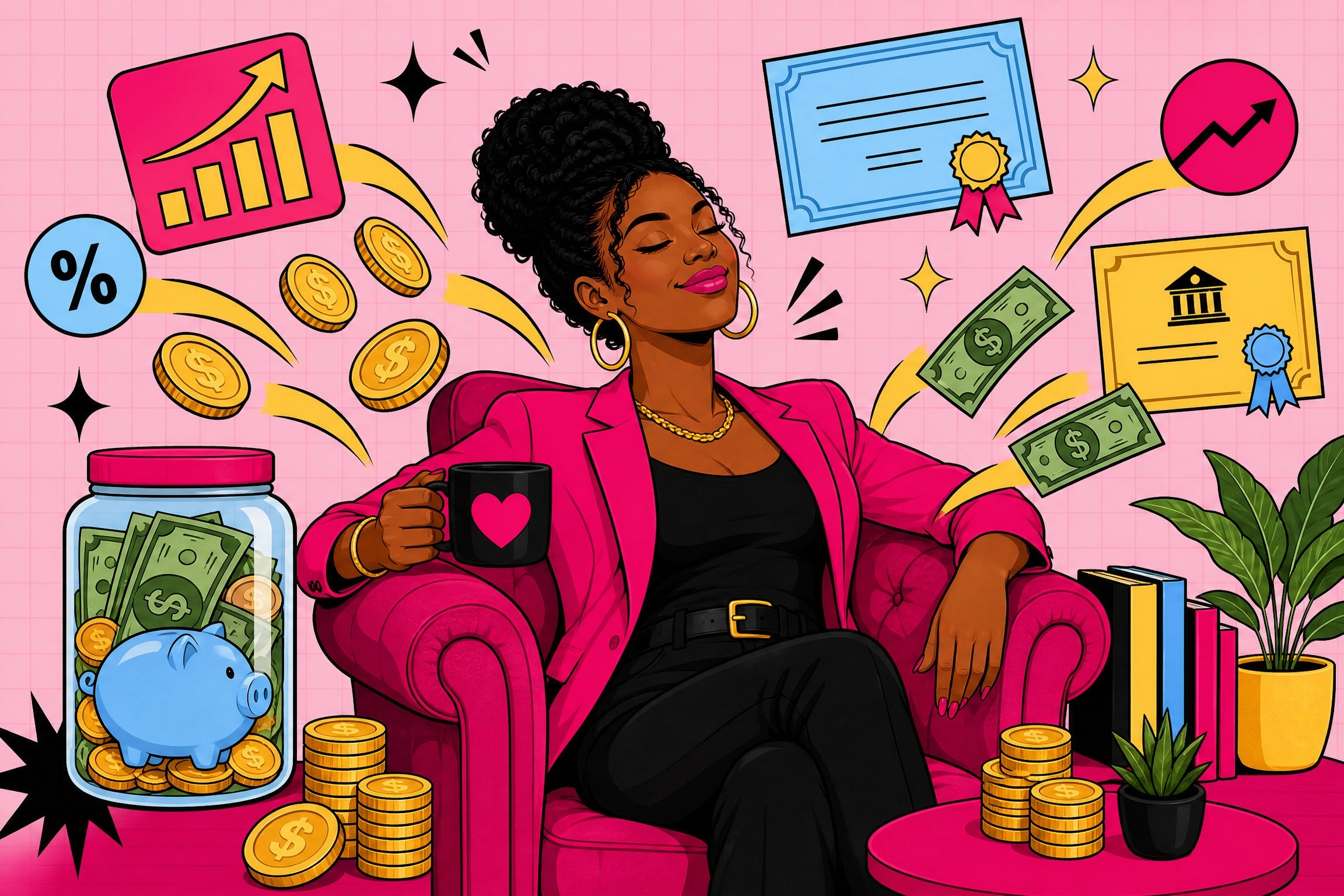 Stylish Black woman relaxing while money and investment icons flow toward her