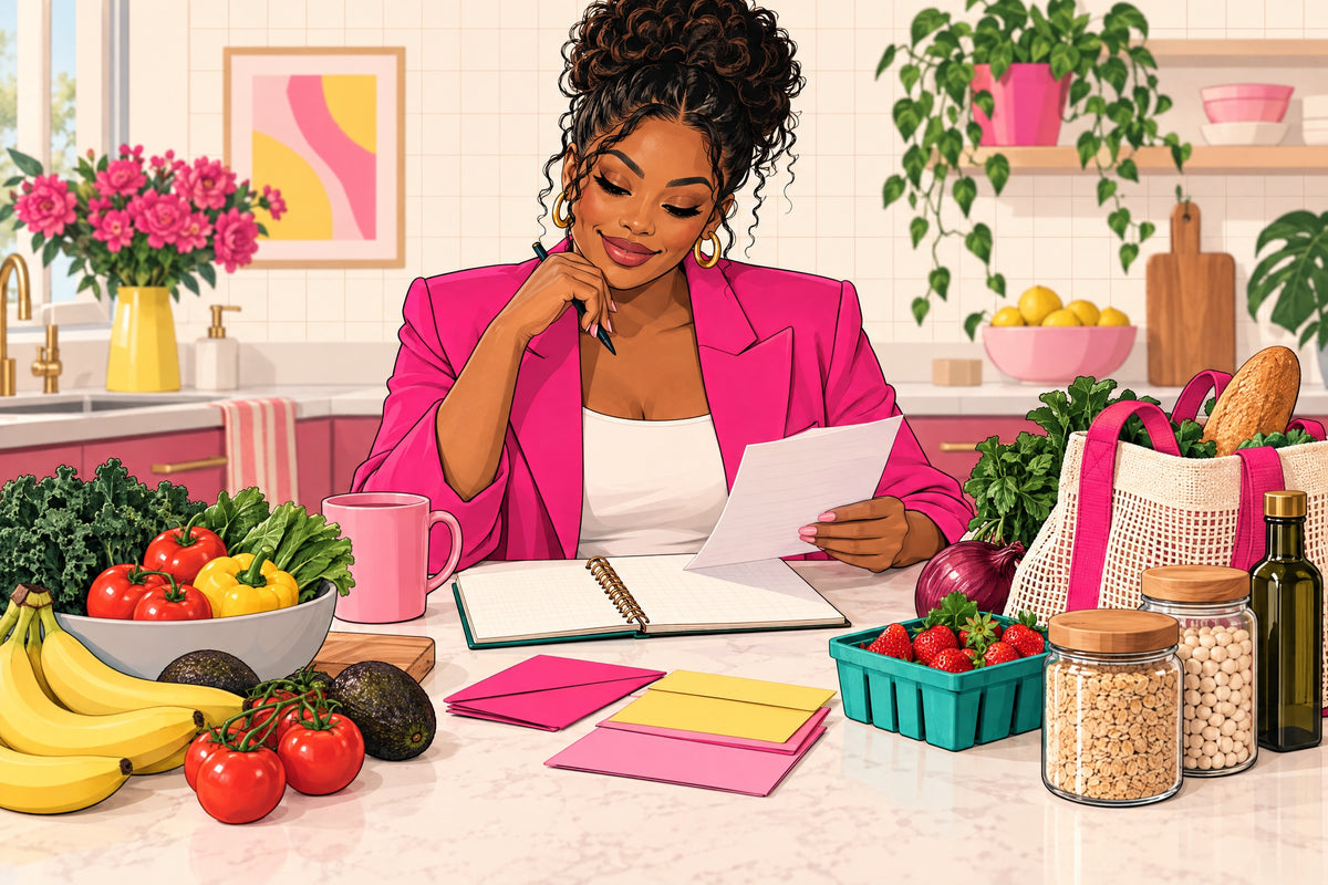 Woman in a pink blazer planning a grocery budget with fresh food