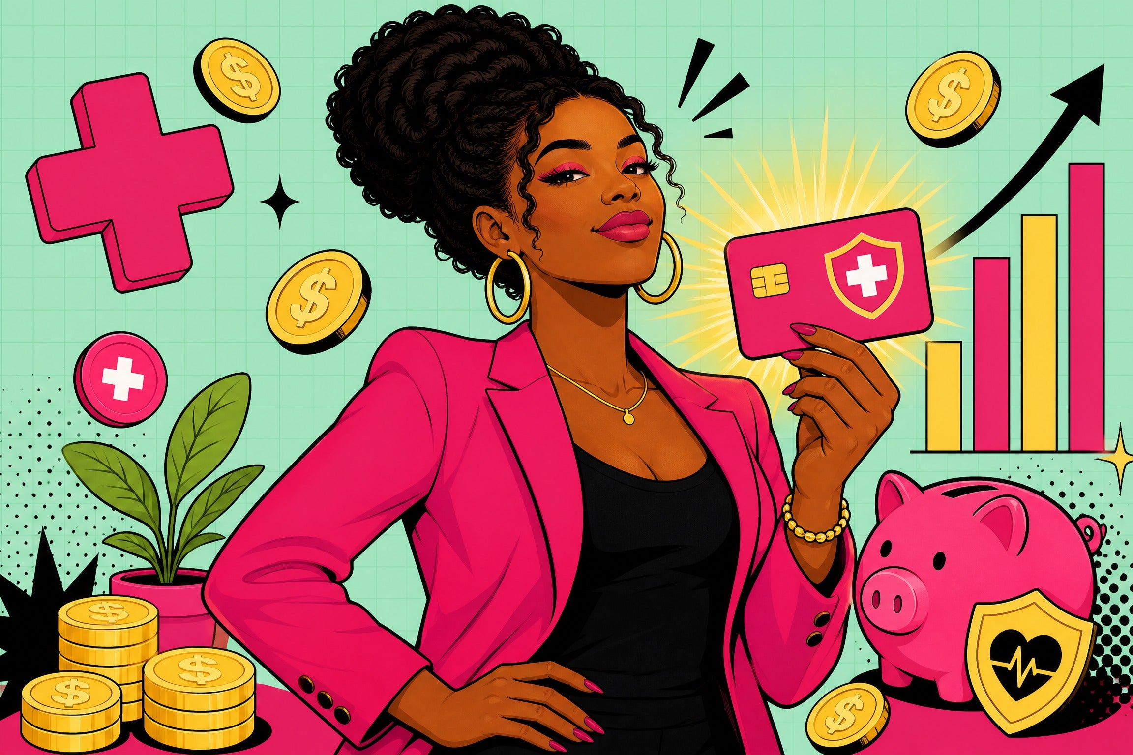 Stylish Black woman holding a glowing HSA card with medical cross symbols