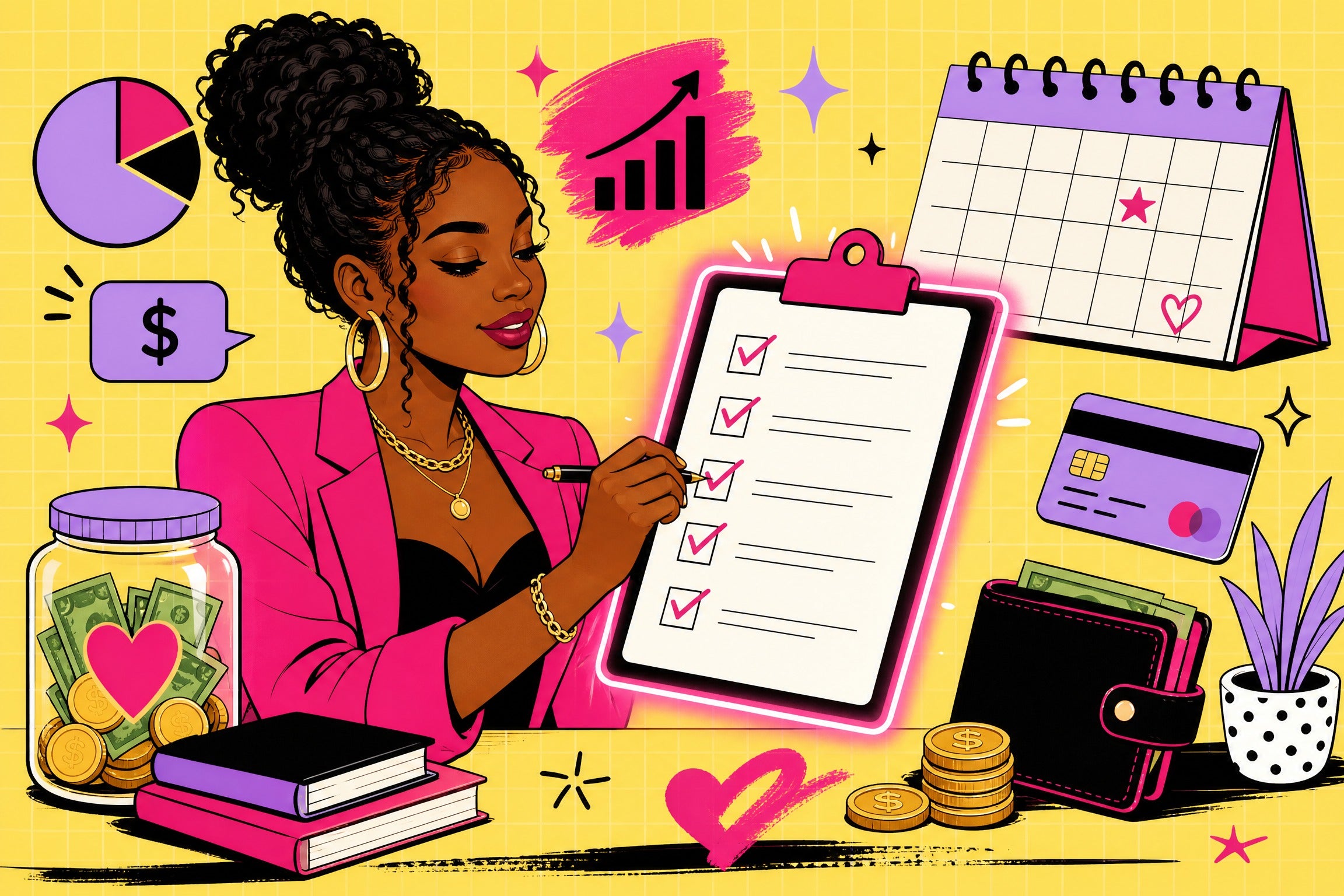 Stylish Black woman checking off a financial checklist with a calendar and savings jar