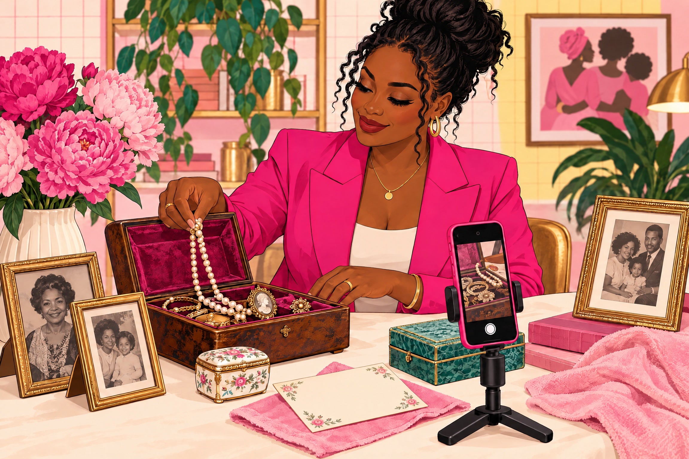 Woman in a pink blazer documenting family heirlooms