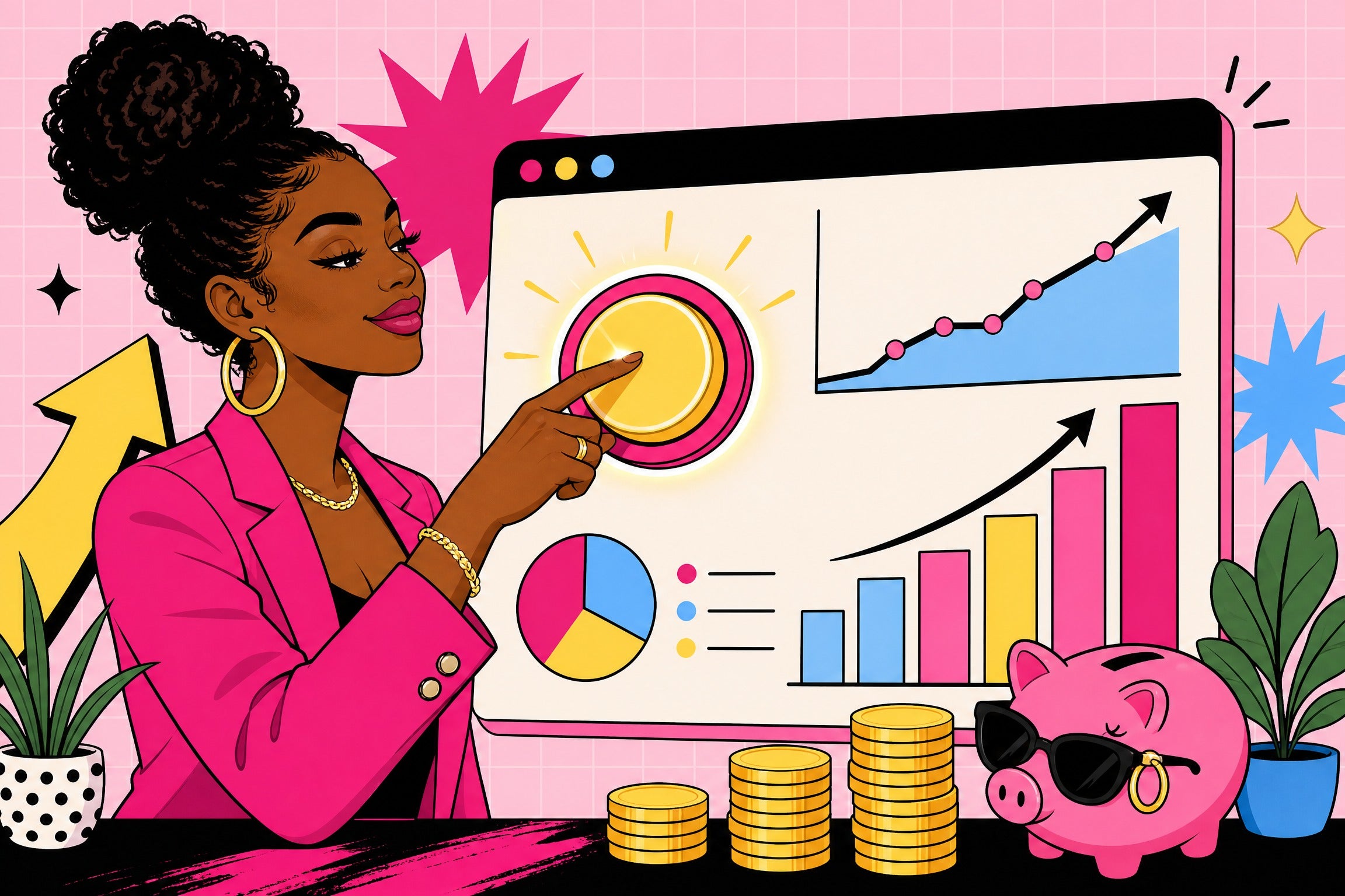 Stylish Black woman pressing an auto button on a retirement savings dashboard