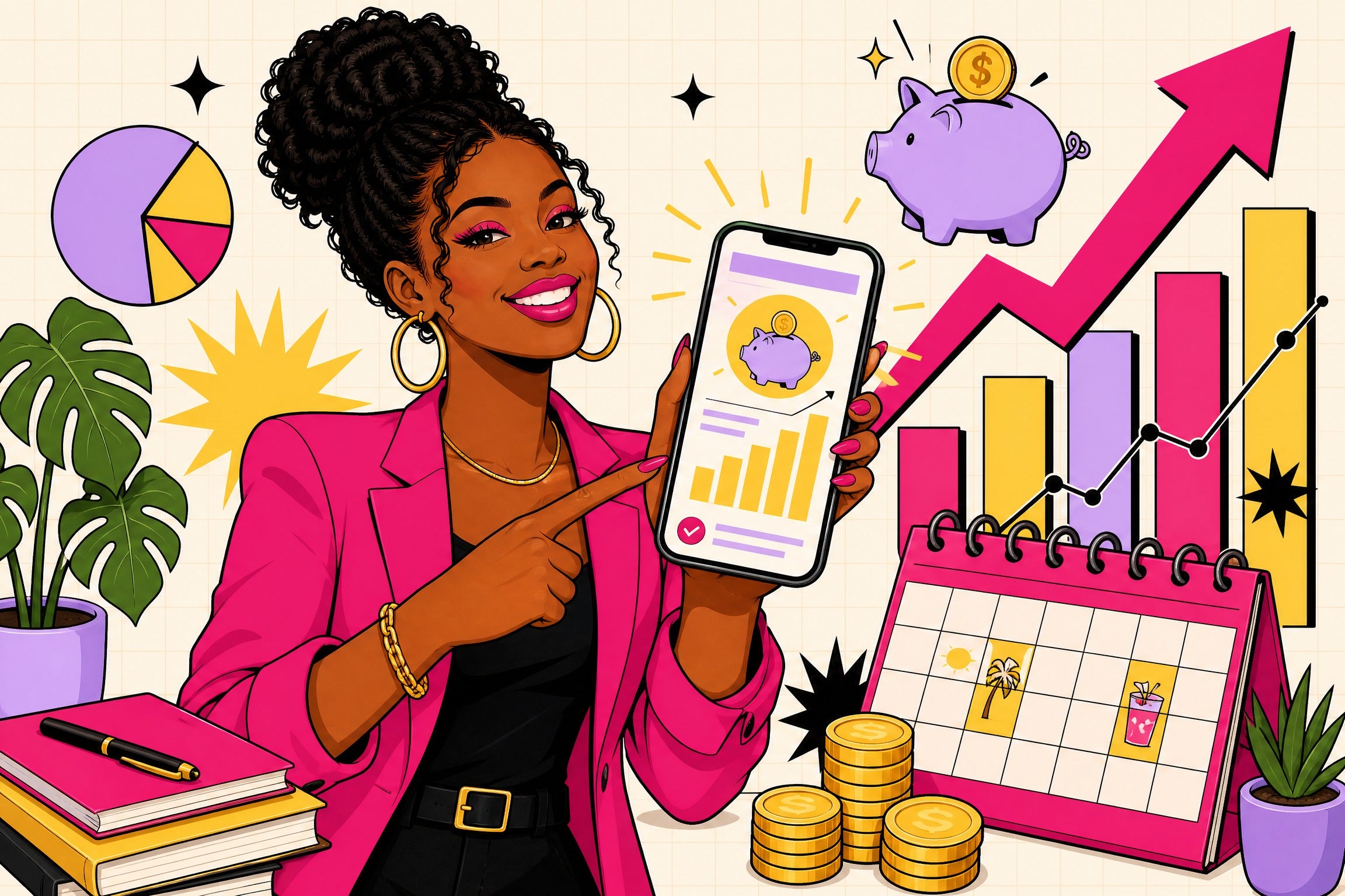 Stylish Black woman pointing at an IRA account on her phone with growing charts