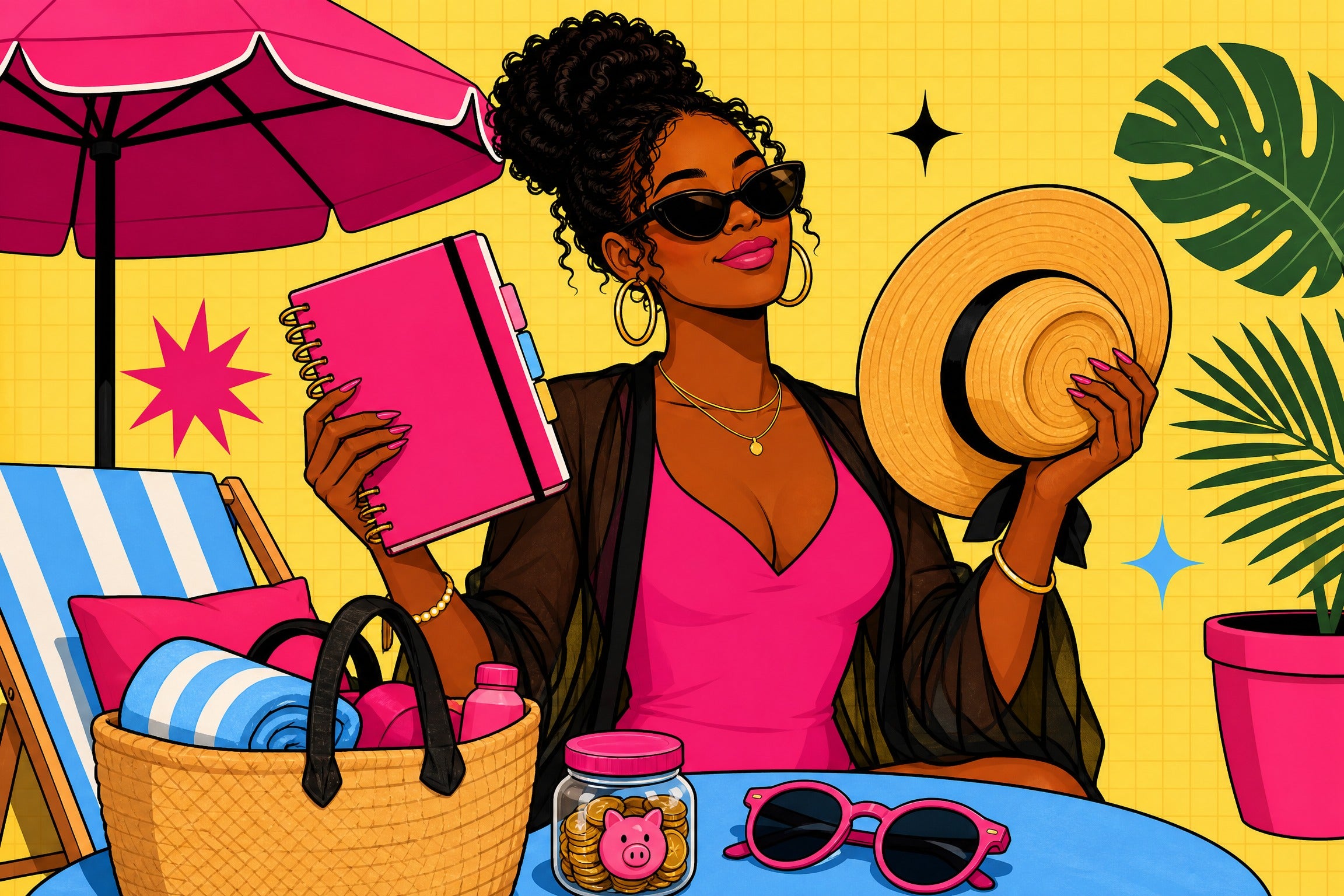 Stylish Black woman at a summer scene holding a budget planner and sun hat