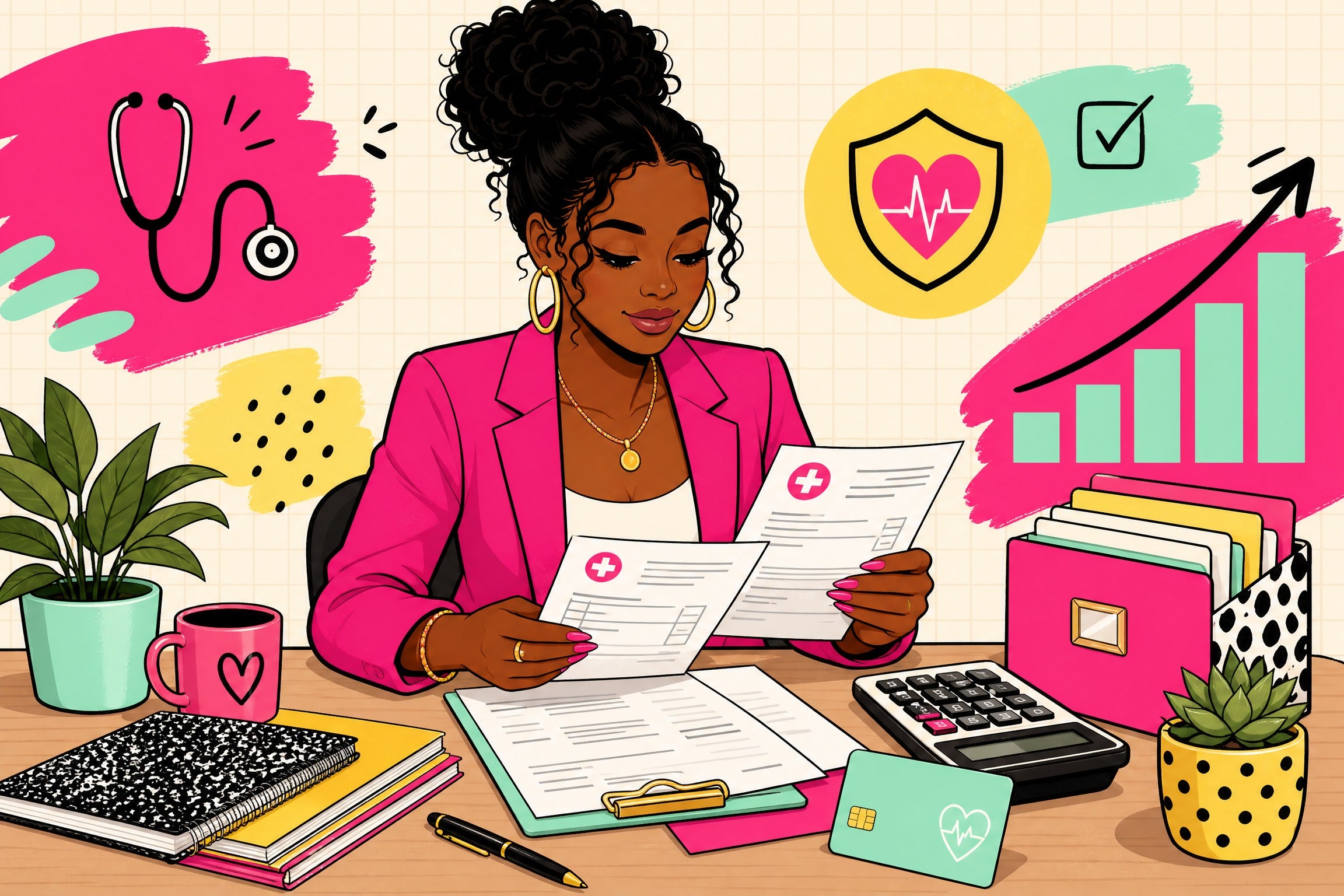 Stylish Black woman reviewing medical bills calmly at a desk with an HSA card