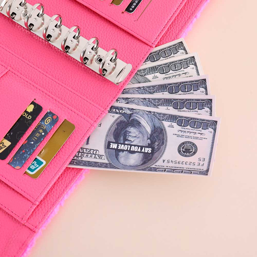 Open teddy wallet showing the 6-ring binder system, card slots with debit cards, and cash bills tucked into the pink vegan leather pocket