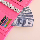 Open teddy wallet showing the 6-ring binder system, card slots with debit cards, and cash bills tucked into the pink vegan leather pocket