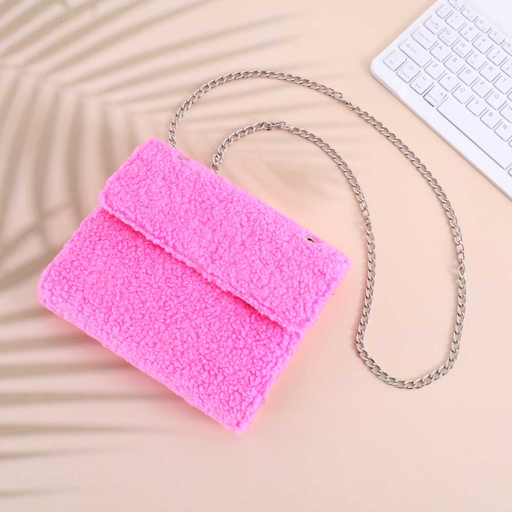 A7 mini hot pink teddy trifold wallet with extended silver chain strap for crossbody wear, perfect for cash stuffing on the go