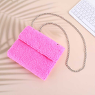 A7 mini hot pink teddy trifold wallet with extended silver chain strap for crossbody wear, perfect for cash stuffing on the go
