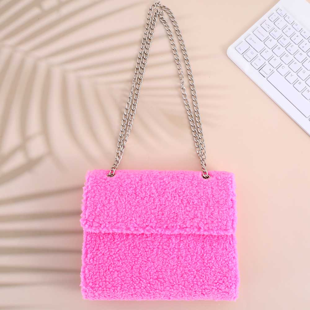 A6 hot pink teddy wallet styled flat with silver crossbody chain strap as a soft girl money management accessory