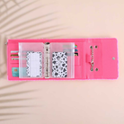 Open interior of the A6 hot pink teddy trifold wallet showing 6-ring binder, card slots, zipper pouch, and budgeting inserts for cash stuffing